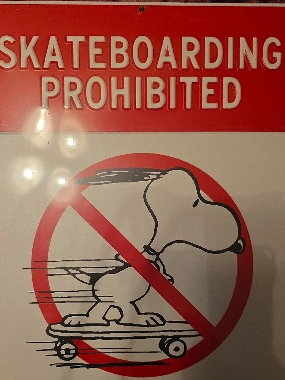 Peanuts Snoopy Skateboarding Prohibited Sign - Red and White